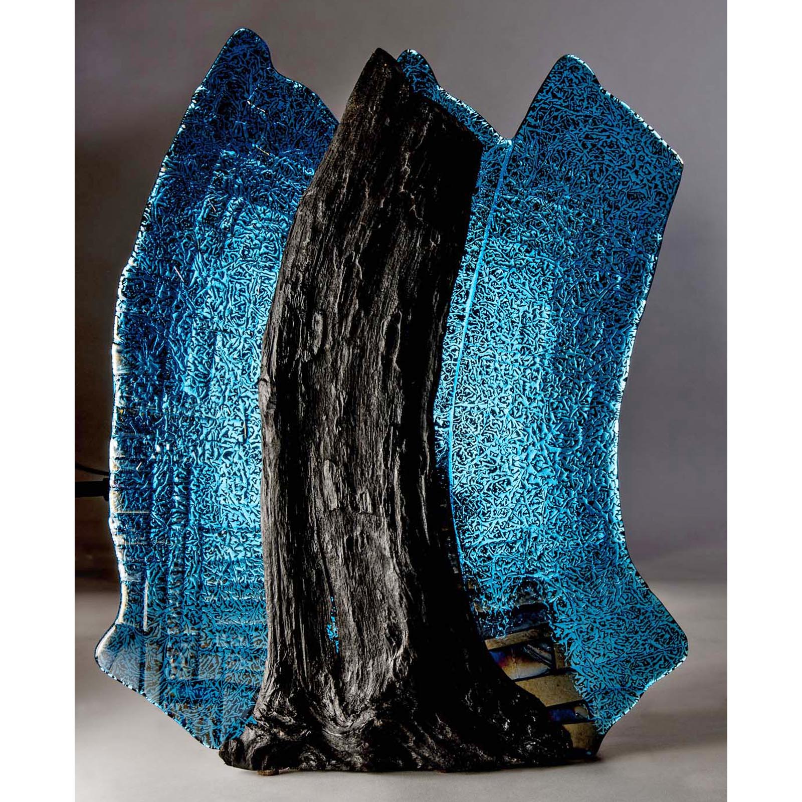Glass sculpture in Irish bogwood entitled juxtaposition in light - contemporary glassware hand made in Ireland by Keith Sheppard Glass Artistry, Northern Ireland